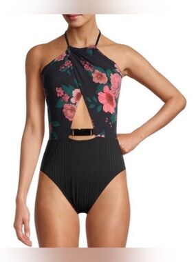 NWT -NOBO Black One-Piece Swimsuit with Pink Floral Halter